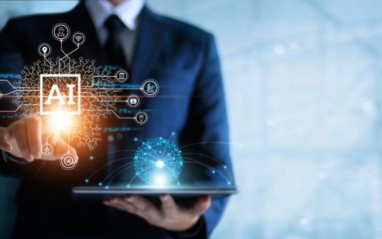 Businessman pushing AI button